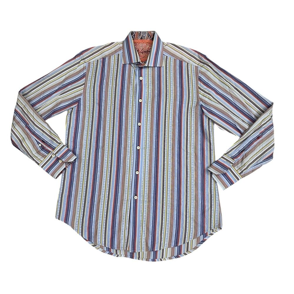 Robert Graham Striped Button Down Shirt Men's M 100% Cotton Paisley Flip Cuff